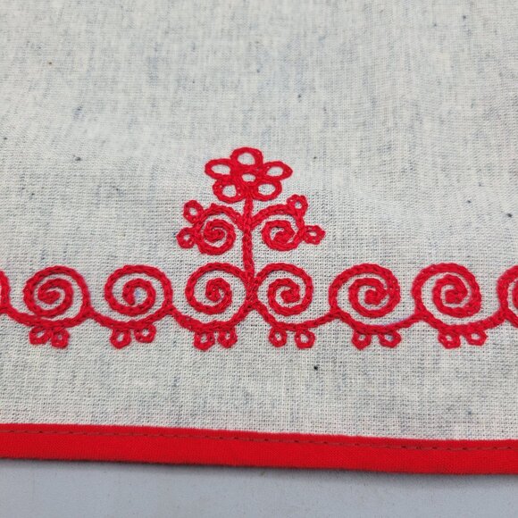 Finnish Embroidered Linen Table Runner Red Chicken Flowers Swirls Design - Picture 3 of 4